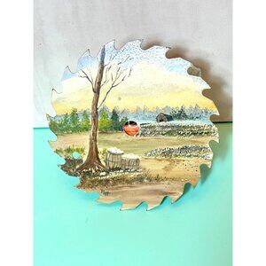 Hand-Painted Landscape Art On Vintage Saw Blade - Tree Barrels Rural Scene